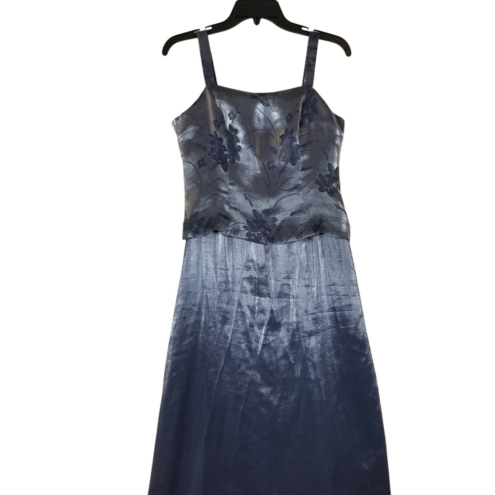 Alex Evenings Women 10P Blue Metallic Floral Burnout Peplum Maxi Dress